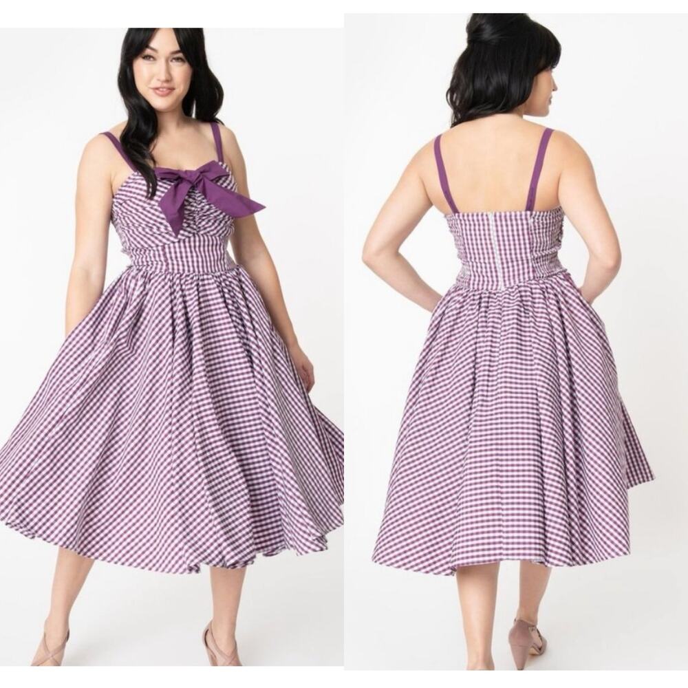 NWT Unique Vintage purple gingham swing midi dress size Large 10/12